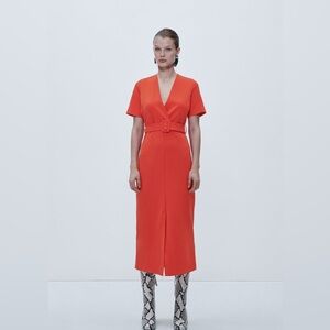 ZARA PENCIL DRESS WITH BELT - Orange | XS